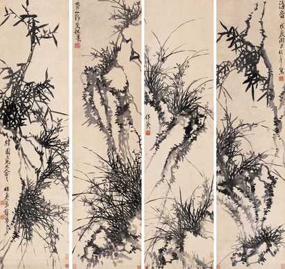蒲华 戊辰（1868年）作 竹石兰草 四屏